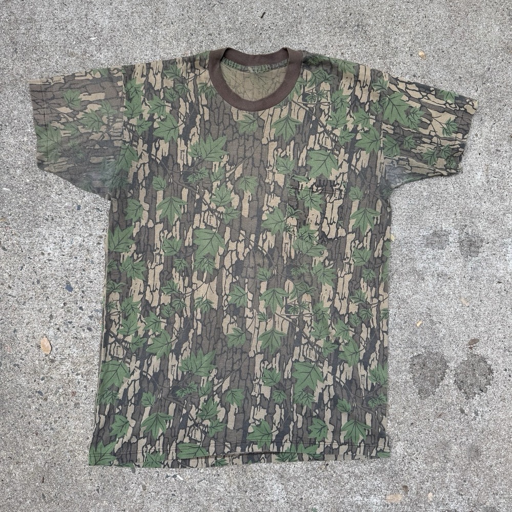 Vintage Camo Tee Shirt Bark Pattern Single Stitch Medium Distressed Faded